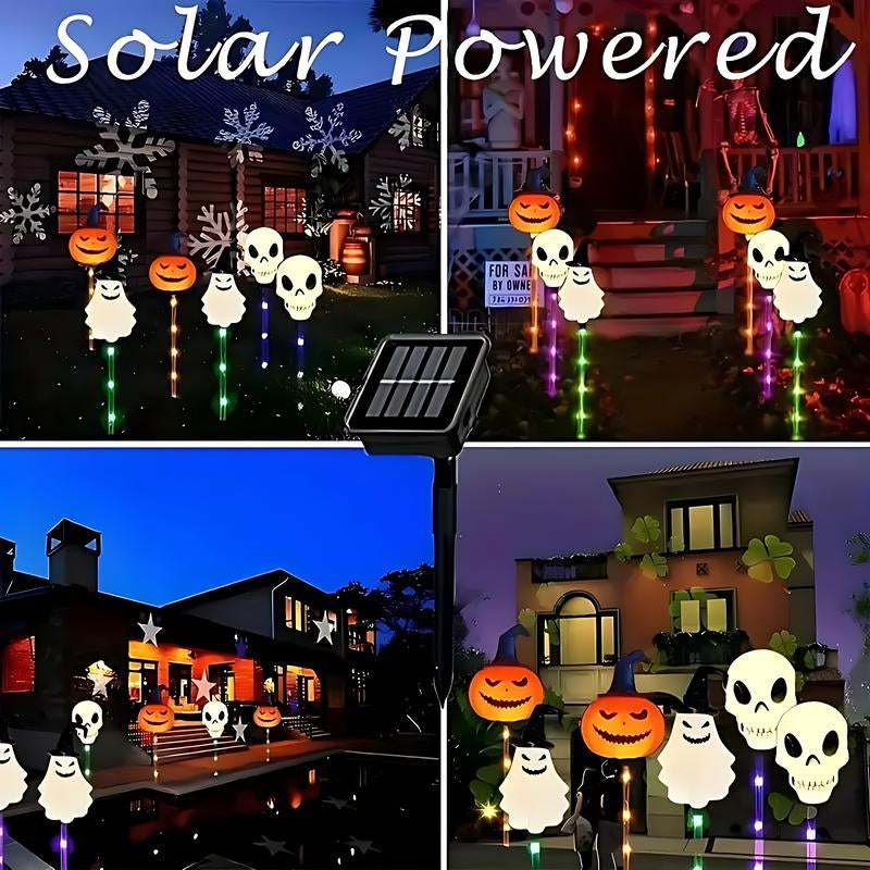 Set of 6 Solar LED Garden Lights - Halloween Themed Pumpkin, Skeleton, and Ghost Designs for Seasonal Decoration and Outdoor Use