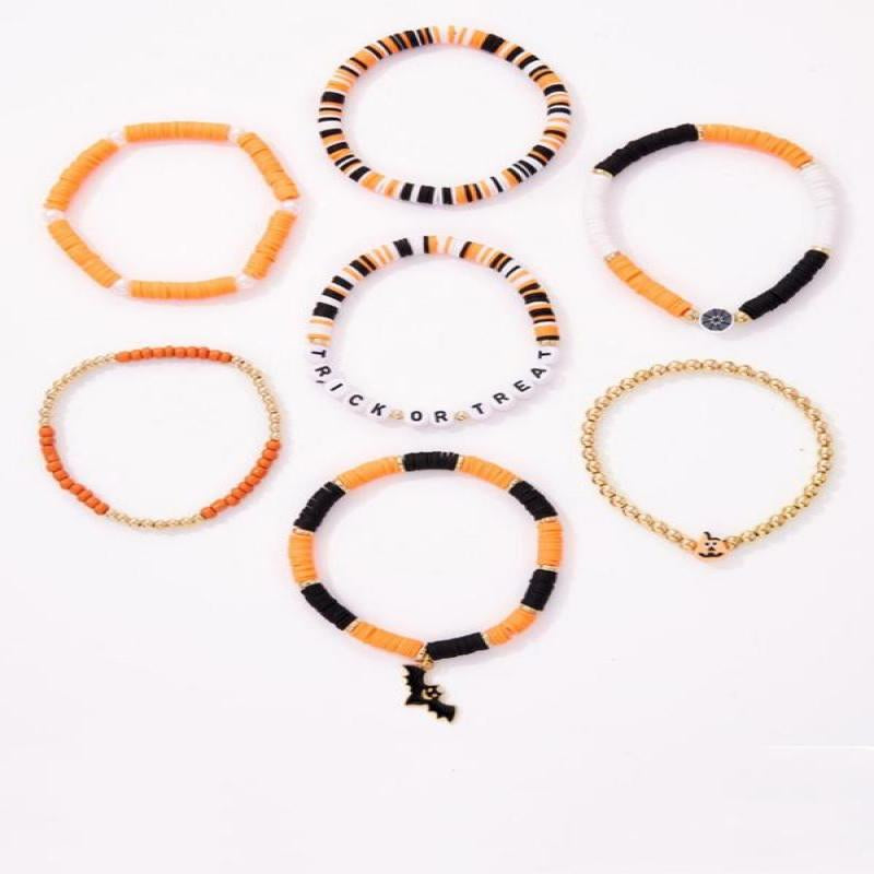 2025 Trendy Beaded Bracelet Set Featuring Cartoon Pumpkin and Bat Designs, Polymer Clay Letter Beads, Stylish Jewelry Accessories for Women and Girls