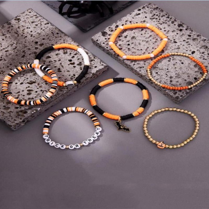 2025 Trendy Beaded Bracelet Set Featuring Cartoon Pumpkin and Bat Designs, Polymer Clay Letter Beads, Stylish Jewelry Accessories for Women and Girls