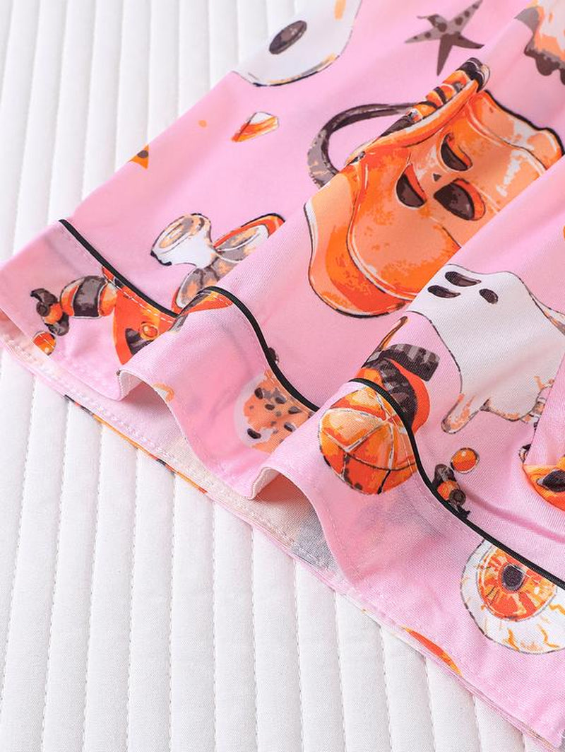 Women's Two-Piece Sleepwear Set, Halloween Pumpkin Print Knitted Fabric, Year-Round Comfort, Short-Sleeved Button Top with Collar and Matching Shorts, Full Body Print with Pocket Details, Ideal for Adult Sleepwear