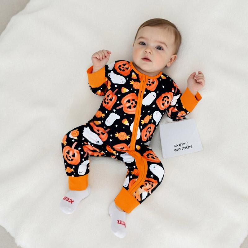 REDWOON Newborn Baby Girl Boy Halloween Outfit Long Sleeve Pumpkin/Ghost Romper Zipper Bodysuit Jumpsuit Fall Clothes