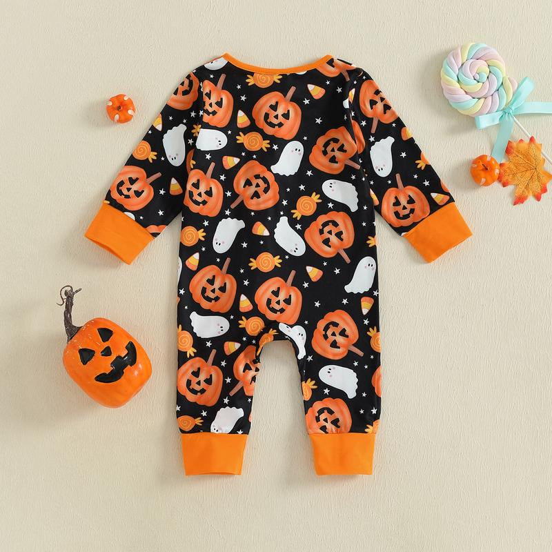 REDWOON Newborn Baby Girl Boy Halloween Outfit Long Sleeve Pumpkin/Ghost Romper Zipper Bodysuit Jumpsuit Fall Clothes