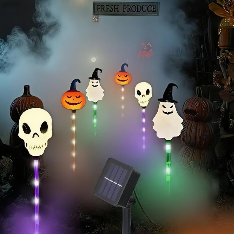 Set of 6 Solar LED Garden Lights - Halloween Themed Pumpkin, Skeleton, and Ghost Designs for Seasonal Decoration and Outdoor Use