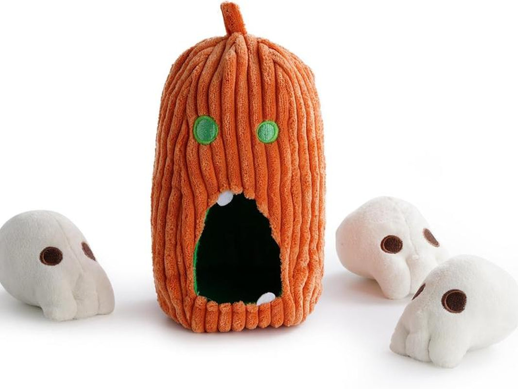Nocciola 4 Packs Burroween Dog Toys for Halloween,Christmas Gift,Spooky Pumpkin Burrow with 3 Squeaky Skulls,Hide and Seek Dog Toys