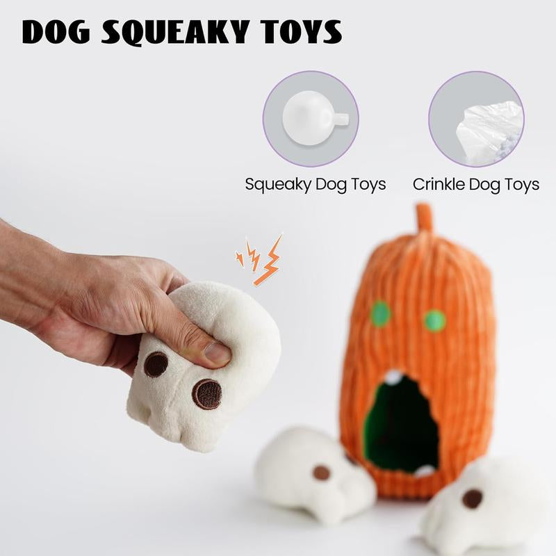 Nocciola 4 Packs Burroween Dog Toys for Halloween,Christmas Gift,Spooky Pumpkin Burrow with 3 Squeaky Skulls,Hide and Seek Dog Toys