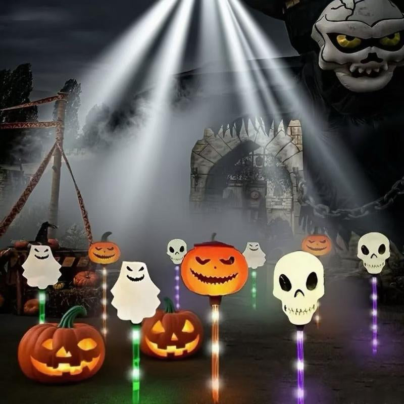 Set of 6 Solar LED Garden Lights - Halloween Themed Pumpkin, Skeleton, and Ghost Designs for Seasonal Decoration and Outdoor Use