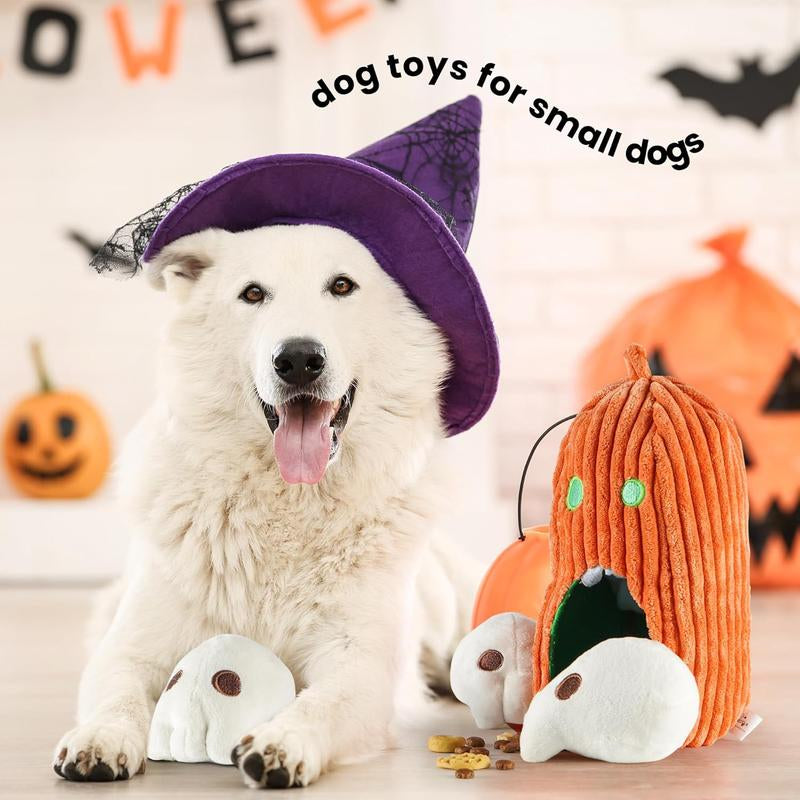 Nocciola 4 Packs Burroween Dog Toys for Halloween,Christmas Gift,Spooky Pumpkin Burrow with 3 Squeaky Skulls,Hide and Seek Dog Toys