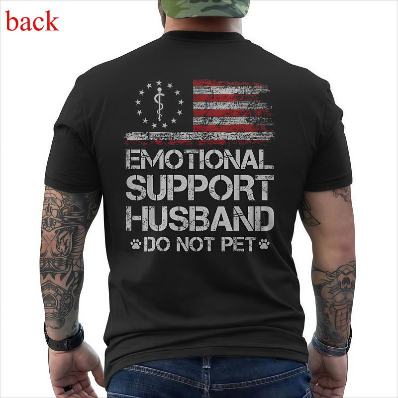 T - Shirt with ‘EMOTIONAL SUPPORT HUSBAND’ Flag Motif – USA Vibe