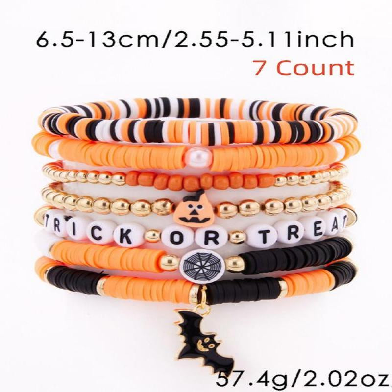 2025 Trendy Beaded Bracelet Set Featuring Cartoon Pumpkin and Bat Designs, Polymer Clay Letter Beads, Stylish Jewelry Accessories for Women and Girls
