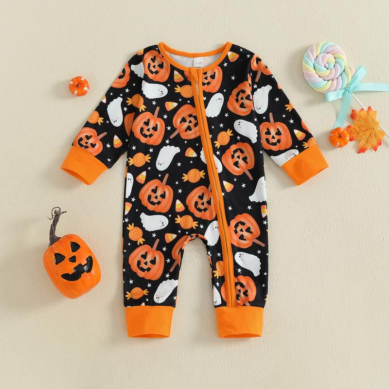 REDWOON Newborn Baby Girl Boy Halloween Outfit Long Sleeve Pumpkin/Ghost Romper Zipper Bodysuit Jumpsuit Fall Clothes