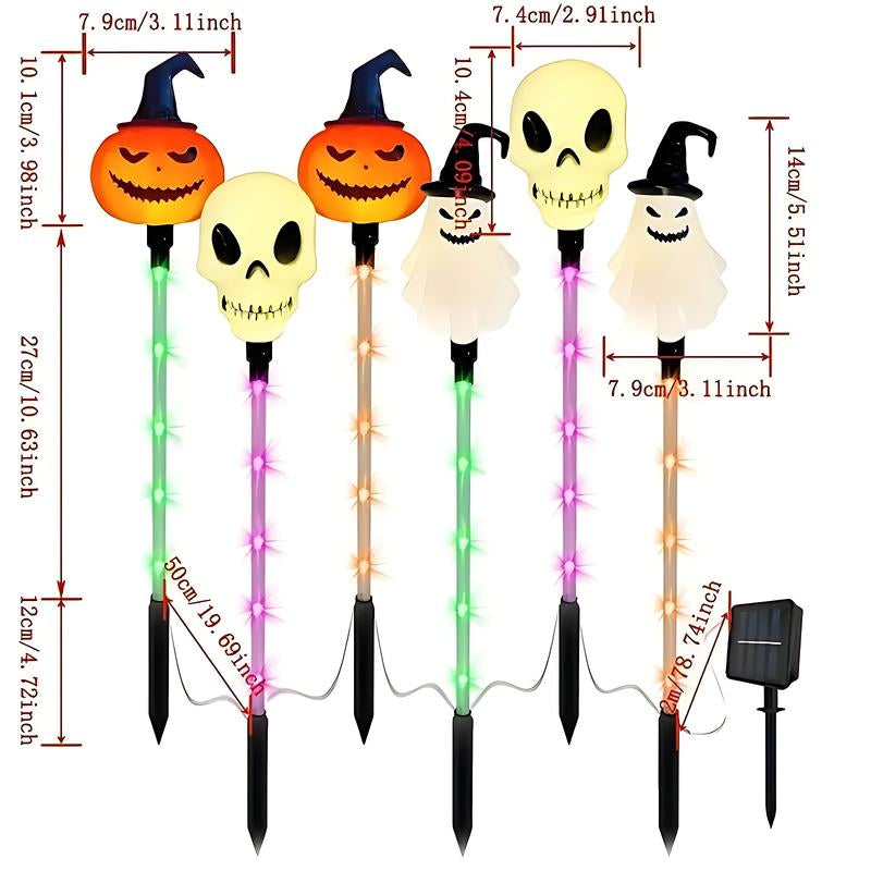 Set of 6 Solar LED Garden Lights - Halloween Themed Pumpkin, Skeleton, and Ghost Designs for Seasonal Decoration and Outdoor Use