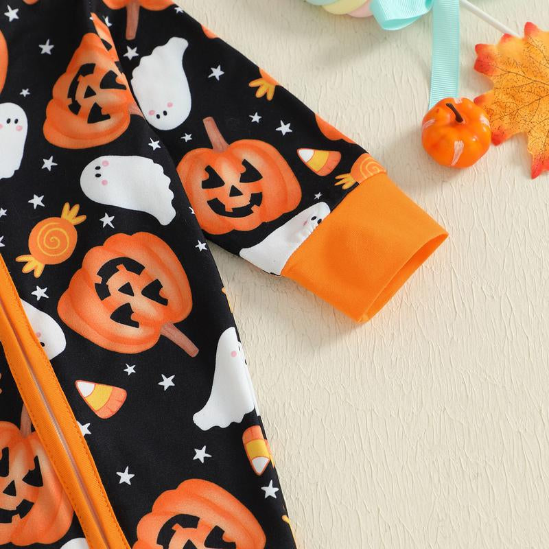 REDWOON Newborn Baby Girl Boy Halloween Outfit Long Sleeve Pumpkin/Ghost Romper Zipper Bodysuit Jumpsuit Fall Clothes