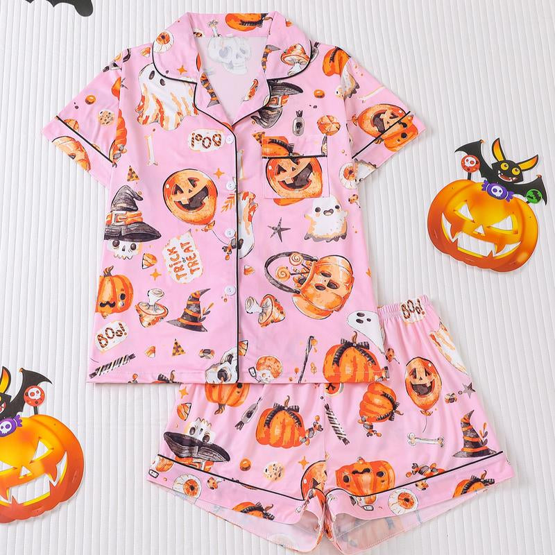 Women's Two-Piece Sleepwear Set, Halloween Pumpkin Print Knitted Fabric, Year-Round Comfort, Short-Sleeved Button Top with Collar and Matching Shorts, Full Body Print with Pocket Details, Ideal for Adult Sleepwear