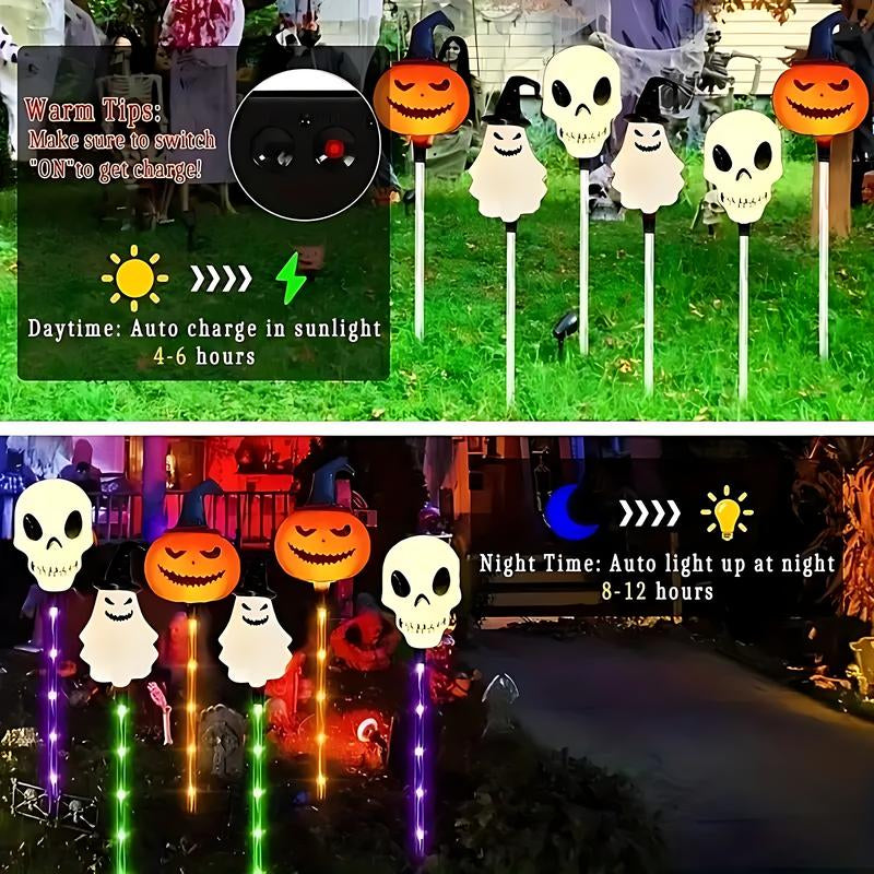 Set of 6 Solar LED Garden Lights - Halloween Themed Pumpkin, Skeleton, and Ghost Designs for Seasonal Decoration and Outdoor Use