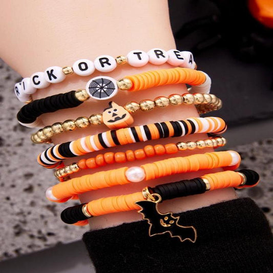 2025 Trendy Beaded Bracelet Set Featuring Cartoon Pumpkin and Bat Designs, Polymer Clay Letter Beads, Stylish Jewelry Accessories for Women and Girls