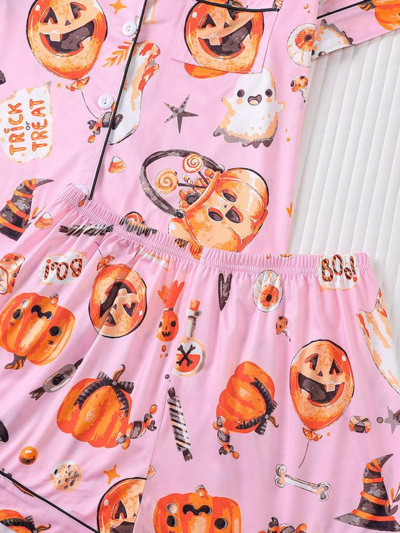 Women's Two-Piece Sleepwear Set, Halloween Pumpkin Print Knitted Fabric, Year-Round Comfort, Short-Sleeved Button Top with Collar and Matching Shorts, Full Body Print with Pocket Details, Ideal for Adult Sleepwear