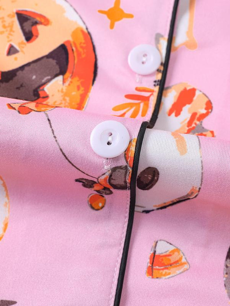 Women's Two-Piece Sleepwear Set, Halloween Pumpkin Print Knitted Fabric, Year-Round Comfort, Short-Sleeved Button Top with Collar and Matching Shorts, Full Body Print with Pocket Details, Ideal for Adult Sleepwear