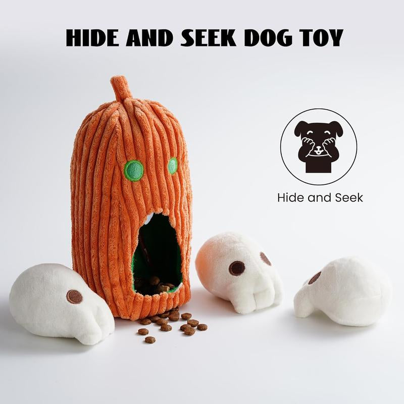 Nocciola 4 Packs Burroween Dog Toys for Halloween,Christmas Gift,Spooky Pumpkin Burrow with 3 Squeaky Skulls,Hide and Seek Dog Toys