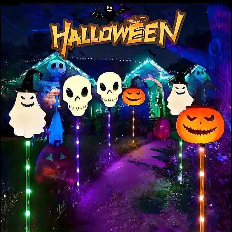 Set of 6 Solar LED Garden Lights - Halloween Themed Pumpkin, Skeleton, and Ghost Designs for Seasonal Decoration and Outdoor Use