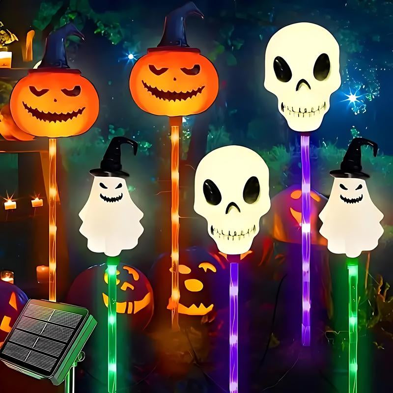 Set of 6 Solar LED Garden Lights - Halloween Themed Pumpkin, Skeleton, and Ghost Designs for Seasonal Decoration and Outdoor Use