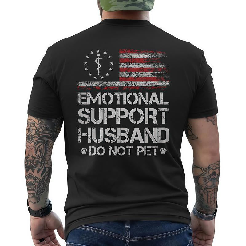 T - Shirt with ‘EMOTIONAL SUPPORT HUSBAND’ Flag Motif – USA Vibe