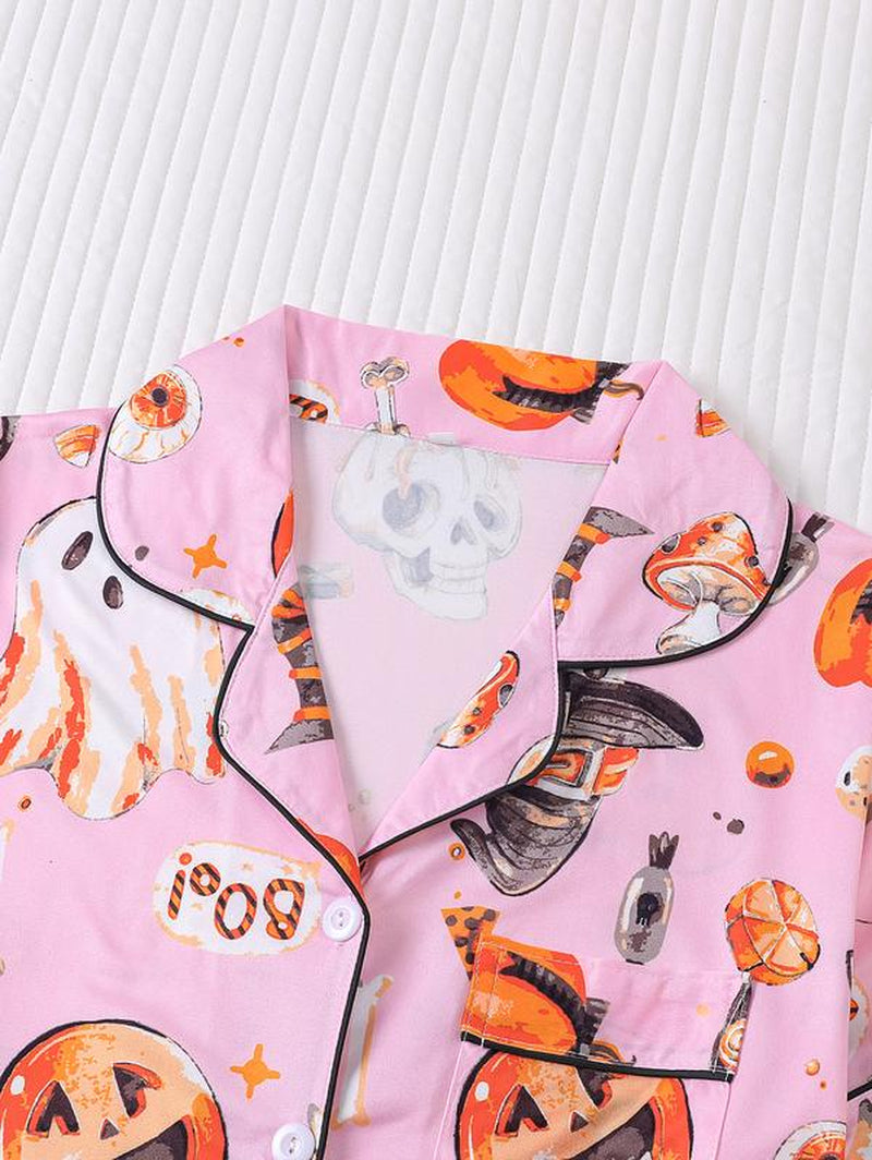 Women's Two-Piece Sleepwear Set, Halloween Pumpkin Print Knitted Fabric, Year-Round Comfort, Short-Sleeved Button Top with Collar and Matching Shorts, Full Body Print with Pocket Details, Ideal for Adult Sleepwear