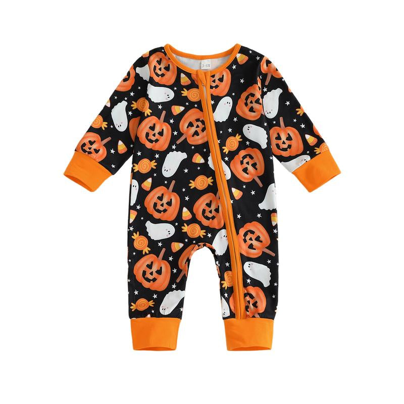 REDWOON Newborn Baby Girl Boy Halloween Outfit Long Sleeve Pumpkin/Ghost Romper Zipper Bodysuit Jumpsuit Fall Clothes
