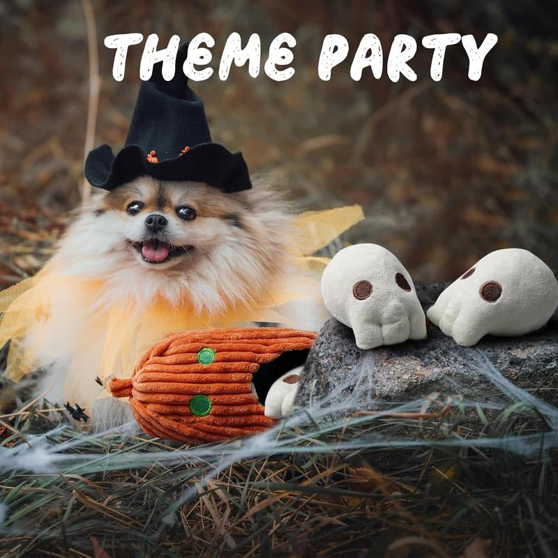 Nocciola 4 Packs Burroween Dog Toys for Halloween,Christmas Gift,Spooky Pumpkin Burrow with 3 Squeaky Skulls,Hide and Seek Dog Toys