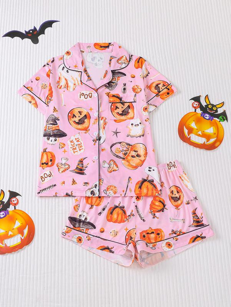 Women's Two-Piece Sleepwear Set, Halloween Pumpkin Print Knitted Fabric, Year-Round Comfort, Short-Sleeved Button Top with Collar and Matching Shorts, Full Body Print with Pocket Details, Ideal for Adult Sleepwear