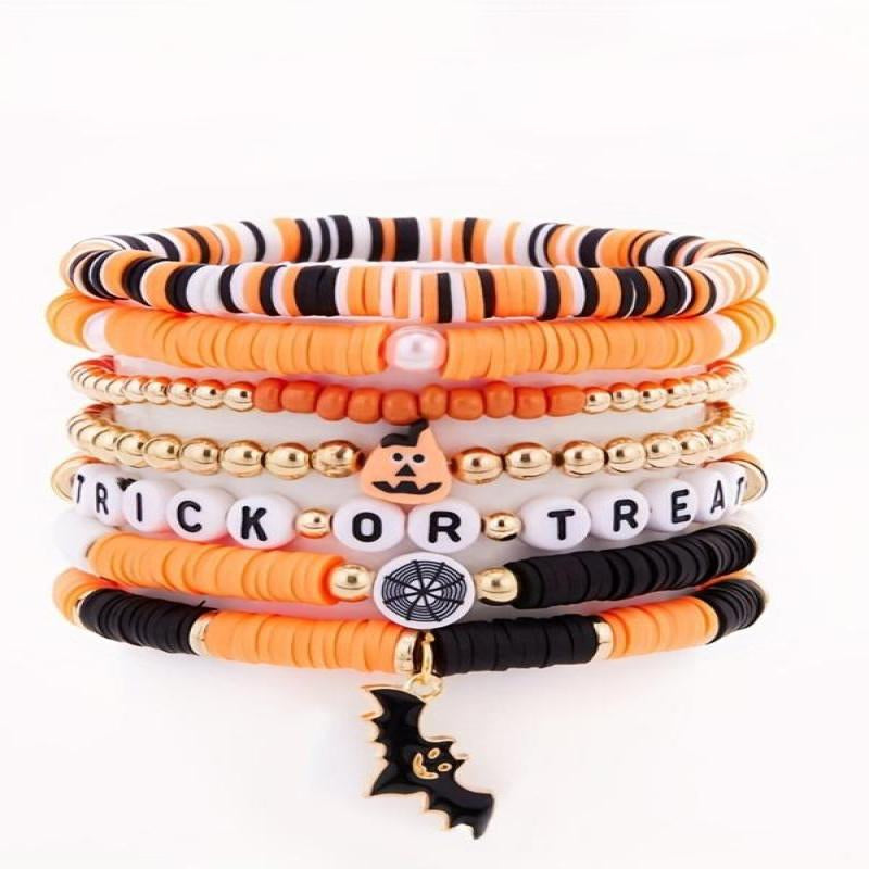 2025 Trendy Beaded Bracelet Set Featuring Cartoon Pumpkin and Bat Designs, Polymer Clay Letter Beads, Stylish Jewelry Accessories for Women and Girls