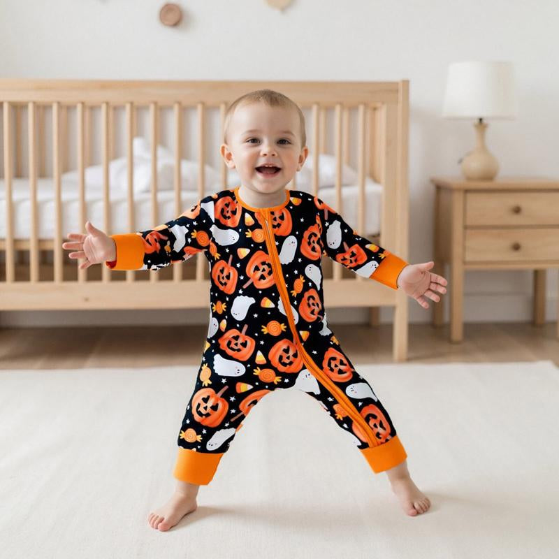 REDWOON Newborn Baby Girl Boy Halloween Outfit Long Sleeve Pumpkin/Ghost Romper Zipper Bodysuit Jumpsuit Fall Clothes