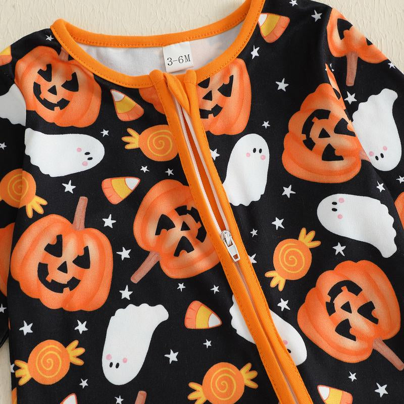 REDWOON Newborn Baby Girl Boy Halloween Outfit Long Sleeve Pumpkin/Ghost Romper Zipper Bodysuit Jumpsuit Fall Clothes