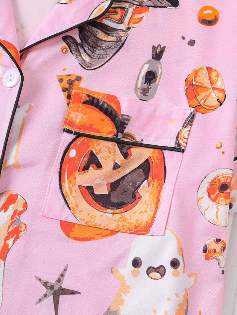 Women's Two-Piece Sleepwear Set, Halloween Pumpkin Print Knitted Fabric, Year-Round Comfort, Short-Sleeved Button Top with Collar and Matching Shorts, Full Body Print with Pocket Details, Ideal for Adult Sleepwear