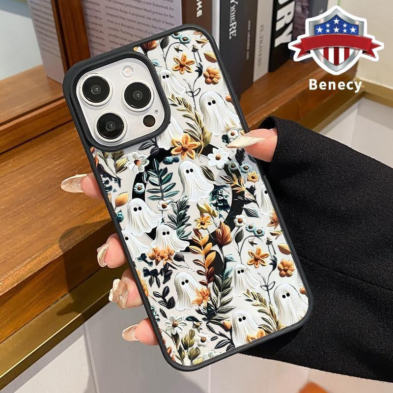 Magnetic Wireless Charging Compatible Phone Case for iPhone 15, 16, 14 Pro Max, 13, 12, 11, XR, XS Plus - Halloween Spooky Garden Design, Anti-Yellowing, Shockproof, Durable Ultra-Thin Crystal Transparent Acrylic Cover
