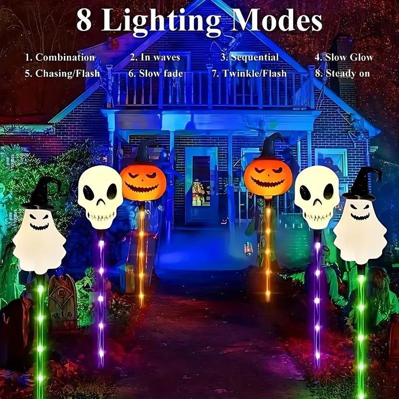 Set of 6 Solar LED Garden Lights - Halloween Themed Pumpkin, Skeleton, and Ghost Designs for Seasonal Decoration and Outdoor Use