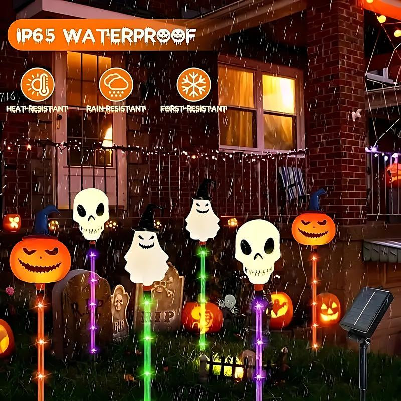Set of 6 Solar LED Garden Lights - Halloween Themed Pumpkin, Skeleton, and Ghost Designs for Seasonal Decoration and Outdoor Use