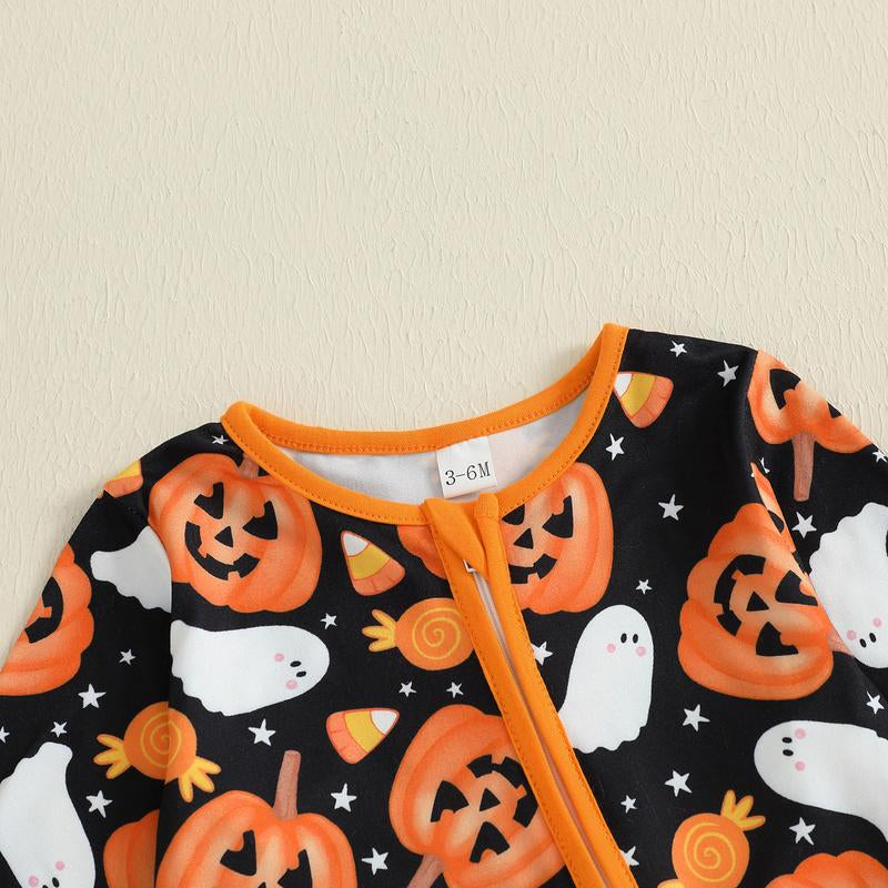 REDWOON Newborn Baby Girl Boy Halloween Outfit Long Sleeve Pumpkin/Ghost Romper Zipper Bodysuit Jumpsuit Fall Clothes