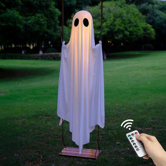 Halloween Decorations Outdoor - 5FT Large Hanging Ghost Swing with Remote Control String Lights, Scary Ghost Halloween Party Decor outside for Tree Porch Yard Garden Lawn Ornaments Halloween Decor