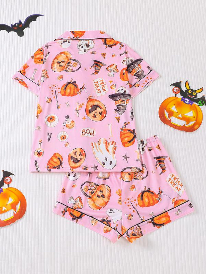Women's Two-Piece Sleepwear Set, Halloween Pumpkin Print Knitted Fabric, Year-Round Comfort, Short-Sleeved Button Top with Collar and Matching Shorts, Full Body Print with Pocket Details, Ideal for Adult Sleepwear